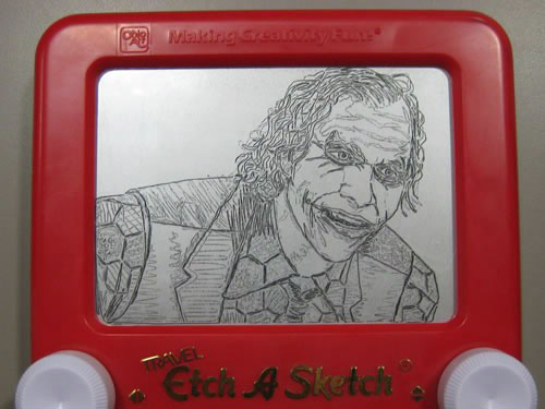 Joker drawn on Etch A Sketch