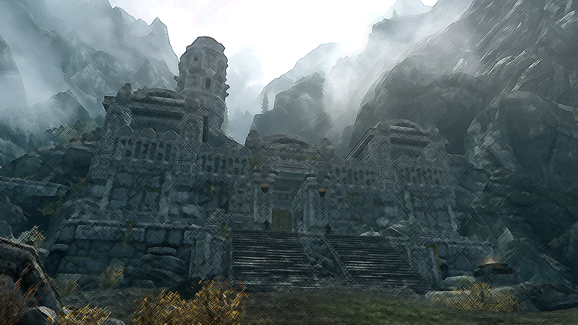Skyrim Screenshot Art Crosshatch Brush Stroke Image