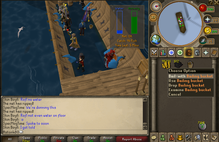 Bailing out with bailing bucket at fishing trawler