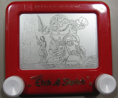 Games - Bioshock - Big Daddy and Little Sister Drawn on an Etch A Sketch