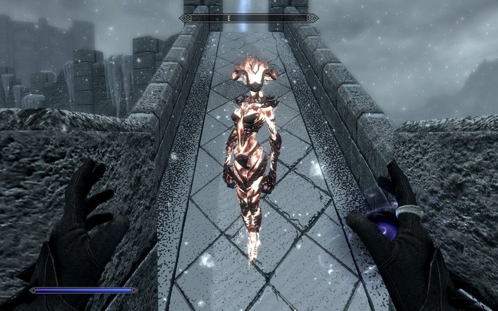Skyrim Screenshot Fire Atronach Standing On The Entrance To The Mages Guild