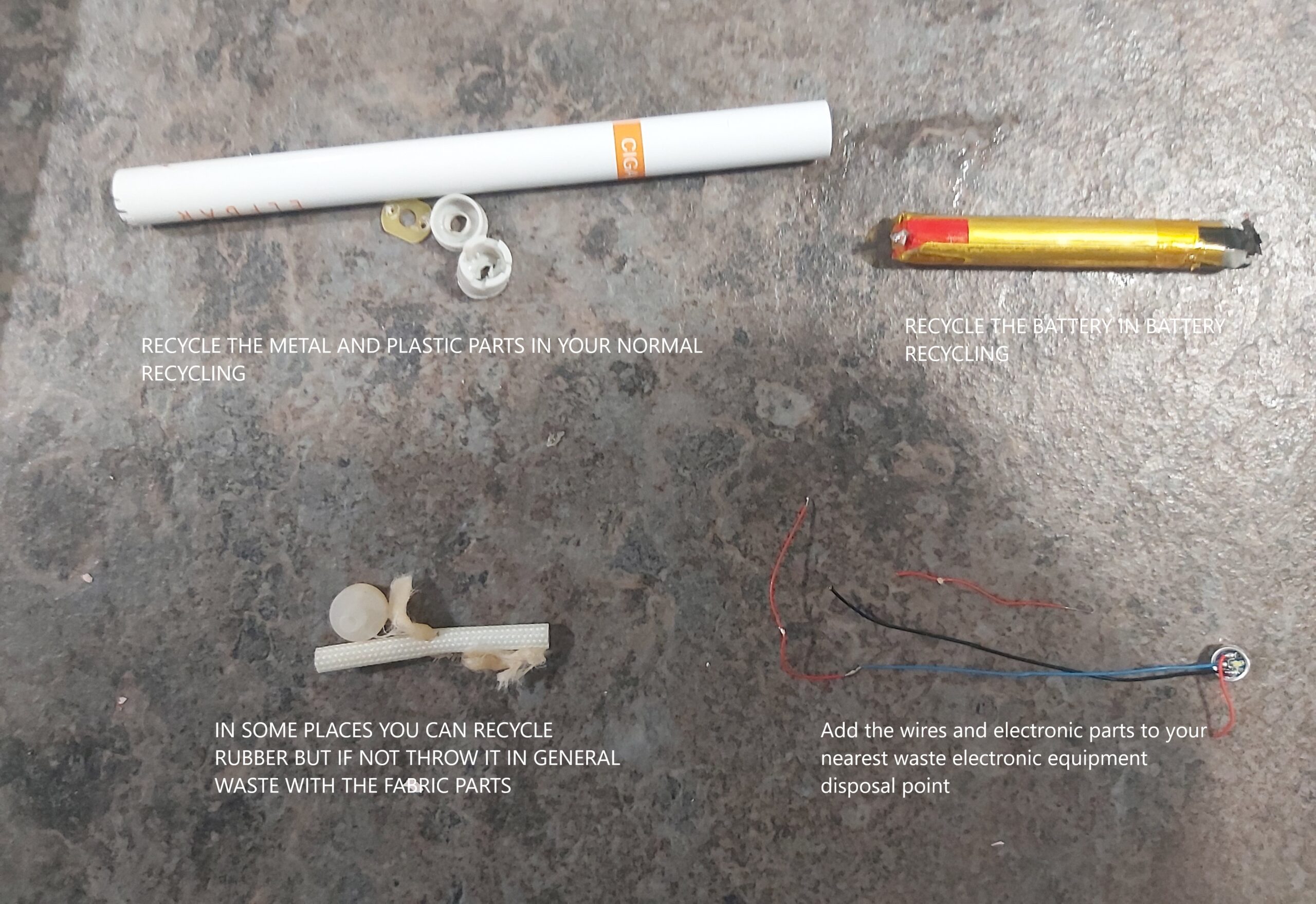 Disassembling Elfbar Cigalike Disposable Electronic Vape or Cigarette Recycle as Much of the Parts as you can